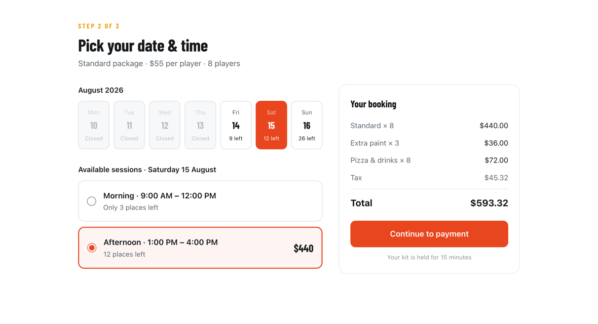 The customer booking screen: a week of dates with remaining places, two session times, and a running order summary