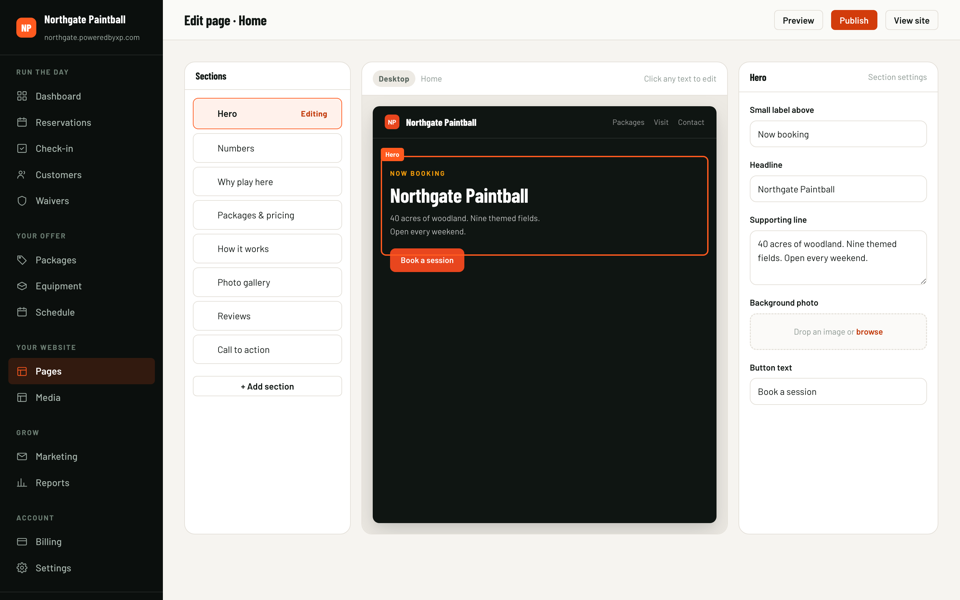 The page builder: a draggable list of sections, a live preview with the hero section selected, and a settings panel for editing its text and photo