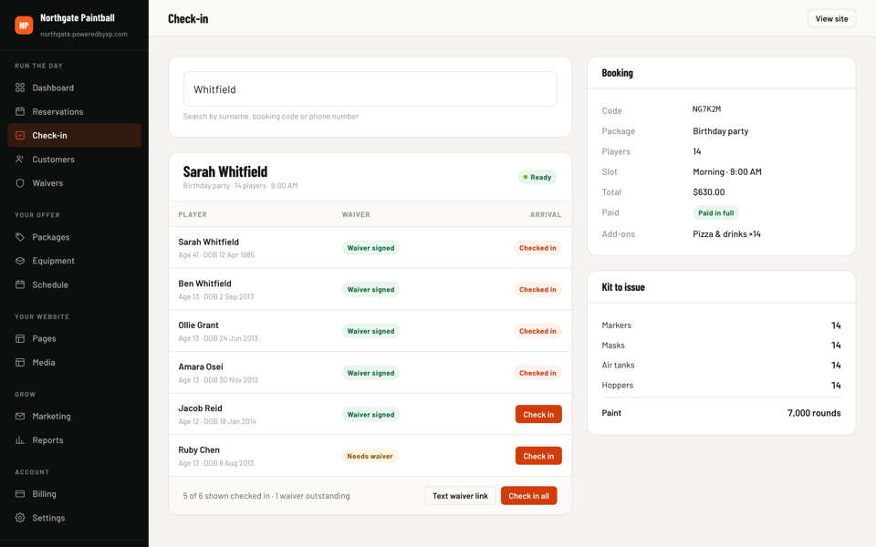 Check-in screen for the Whitfield party: six players listed with waiver status, arrival buttons, booking details and the kit to issue