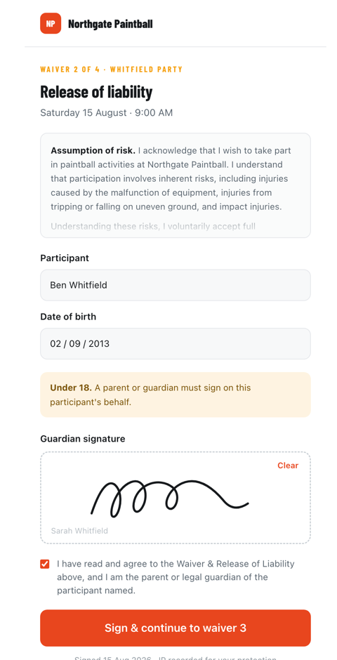 A waiver being signed on a phone, with a drawn guardian signature